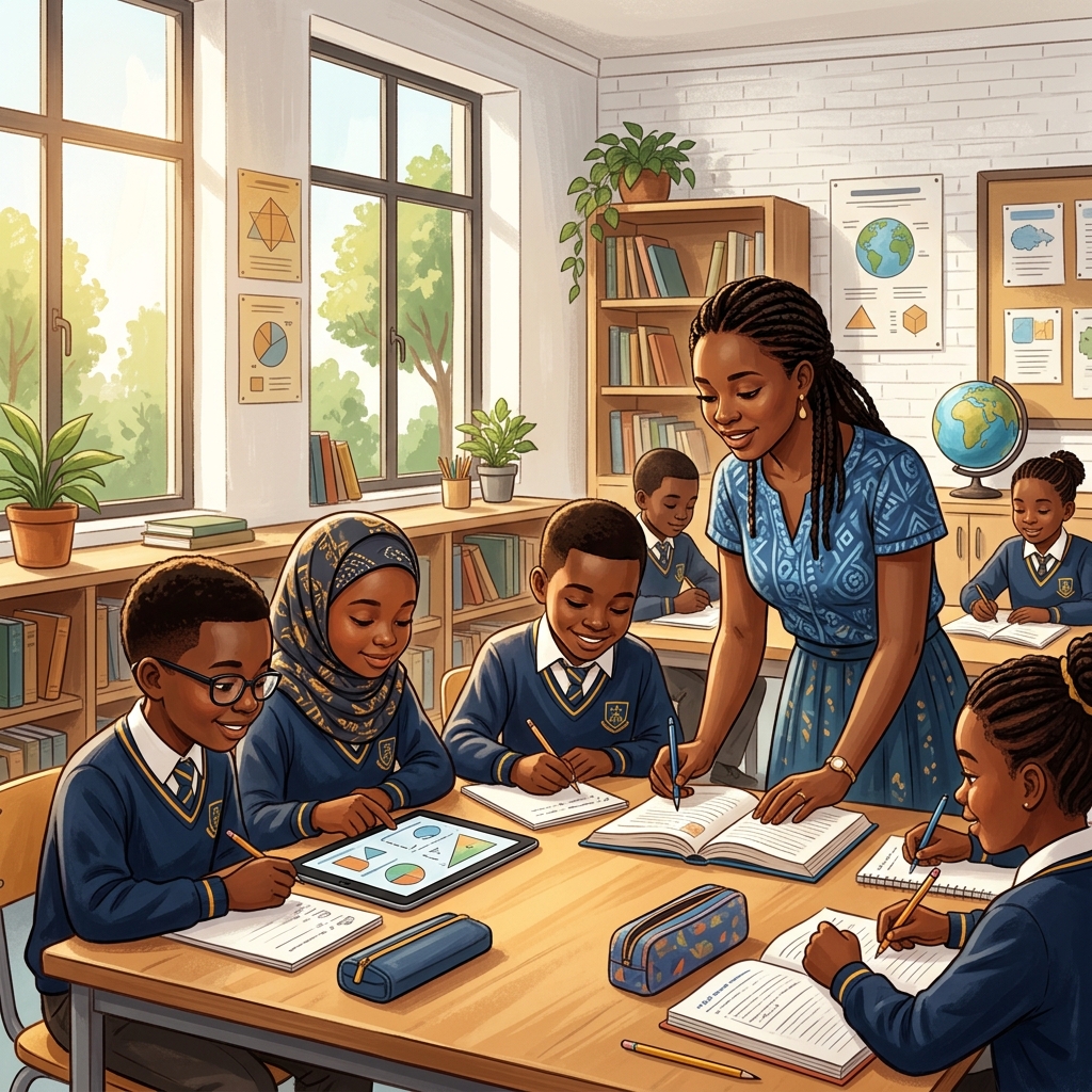 Children in a classroom, smiling and learning